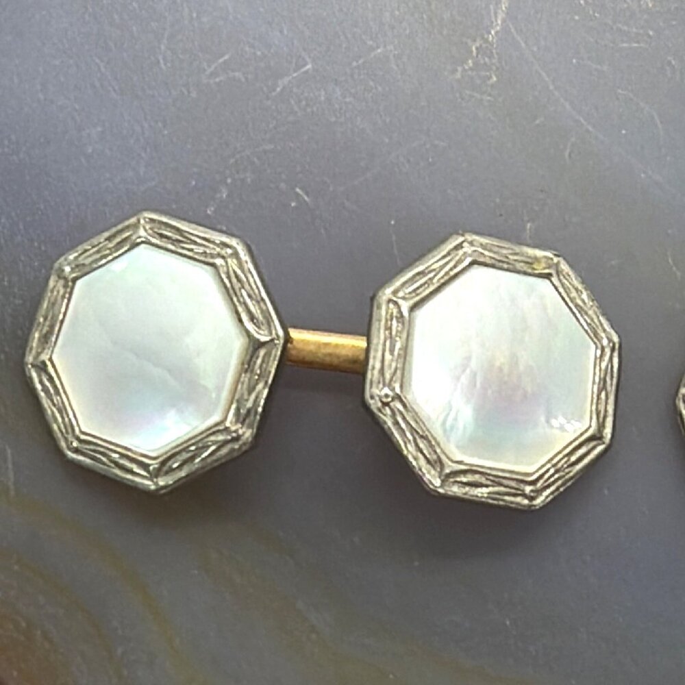 Vintage Art Deco Mother of Pearl Rolled Gold Plate Tuxedo Double Sided Cufflinks - Picture 6 of 14
